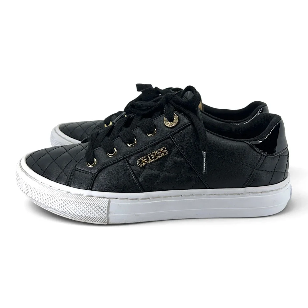 GUESS Loven Women’s 6.5 Black Quilted Platform Sneakers Gold Accent